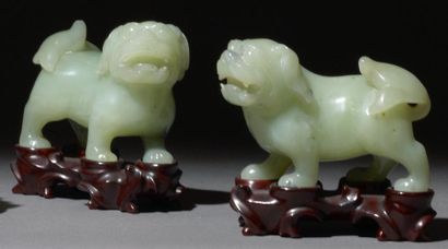 null Paire de chiens de Fo en jadéite sur des socles en bois. Chine, XXe siècle....