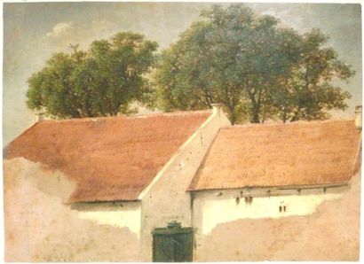 ECOLE FRANCAISE DU XIXème siècle Paysage avec un corps de ferme Huile sur papier...