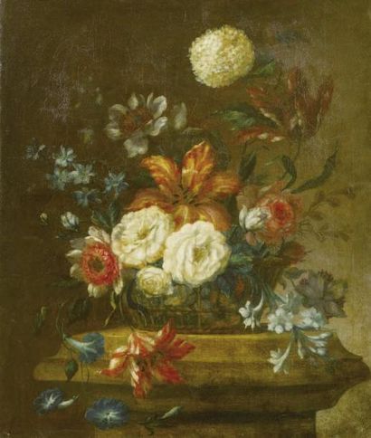ECOLE FRANCAISE DU XIXème siècle Bouquet de fleurs sur un entablement Huile sur toile...