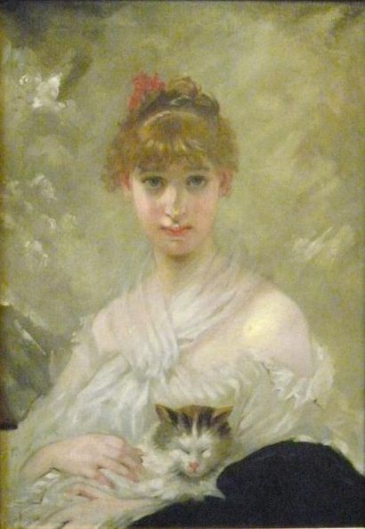 ECOLE FRANCAISE DU XIXème siècle Portrait d'une jeune femme tenant un chat Huile...
