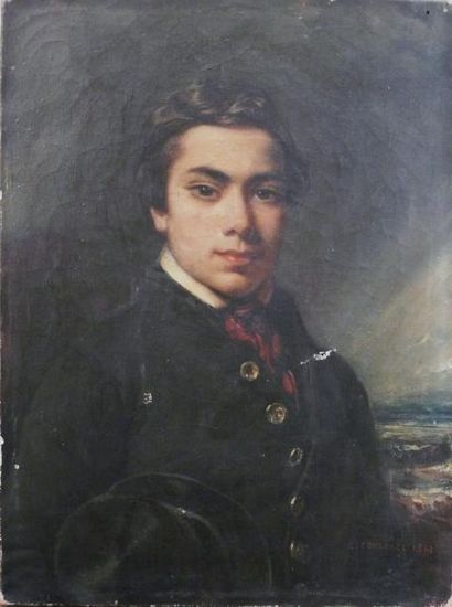 Emmanuel de COULANGELAUTREC (1824-1898) Portrait de jeune homme tenant un chapeau...