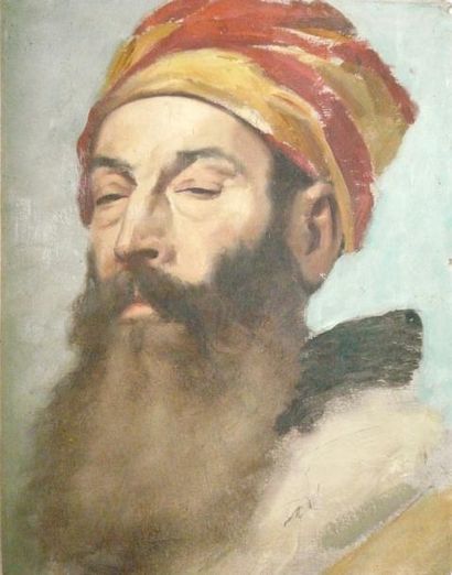 Entourage de Benjamin CONSTANT (1767-1830) Etude de tête d'homme au turban Huile...