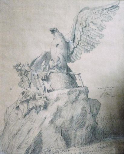 Jean Léon GEROME (1824-1904) L'aigle blessé Encre et fusain, signé au milieu à droite,...