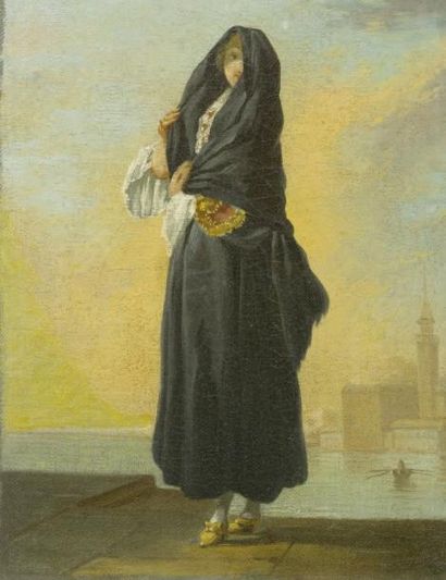 Attribué à Jean BARBAULT (1718 - 1762) Vénitienne portant un « Zendale » Toile marouflée...