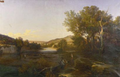 Émile LAMBINET (1813-1877) Personnages aux bords du Gardon, devant le Pont du Gard,...