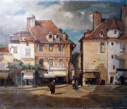 Albert-Pierre-René MAIGNAN (1845-1908) La place de Cusset Huile sur toile signée...