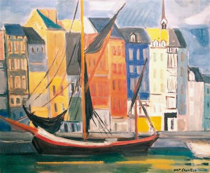 Antoine CHARTRES (1903-1968) Voilier au port Huile sur toile signée en bas à droite....