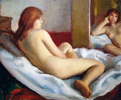 Maurice EHLINGER Nu au miroir Huile sur toile signée en bas à gauche. 38 x 46 cm