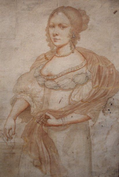 Ecole Florentine du XVIIe siècle Portrait de femme Plume et encre brune, aquarelle....
