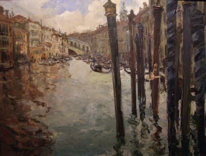 Abel TRUCHET Le grand canal à Venise Huile sur toile signée en bas à gauche et dédicacée...