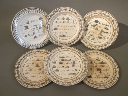MONTEREAU XIXe siècle Six assiettes en faïence fine illustrées de rébus, en faïence...