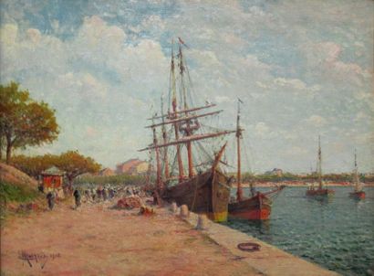 Charles MALFROY (1862-1918) Bateaux à quai, Vue du port de Royan Huile sur toile...