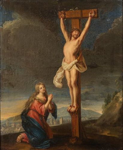 ÉCOLE FLAMANDE XVIIème Christ en croix et Marie Madeleine Huile sur toile marouflée...
