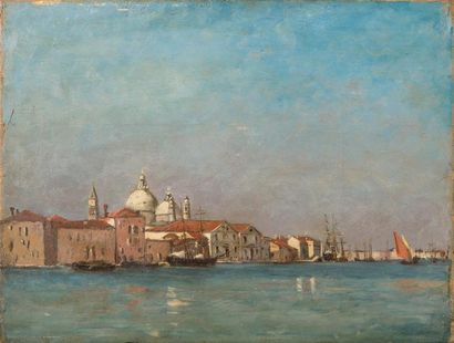 ECOLE FRANCAISE DU XIXème siècle Vue de Venise, et grands voiliers Huile sur panneau...