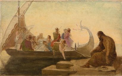 ECOLE FRANCAISE XIXeme SIECLE Scène mythologique dans un port Panneau. 33 x 20,5...