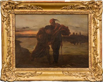 Félix Nicolas FRILLIE (1821-1863) Deux personnages au bord d'un lac Huile sur toile,...