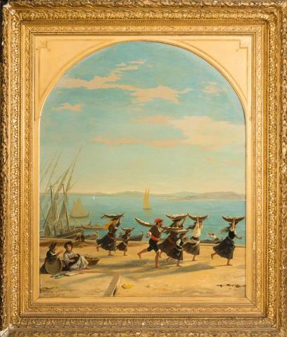 Joseph Fortuné LAYRAUD (1834-1912) Retour de pêche dans un port en méditerannée,...