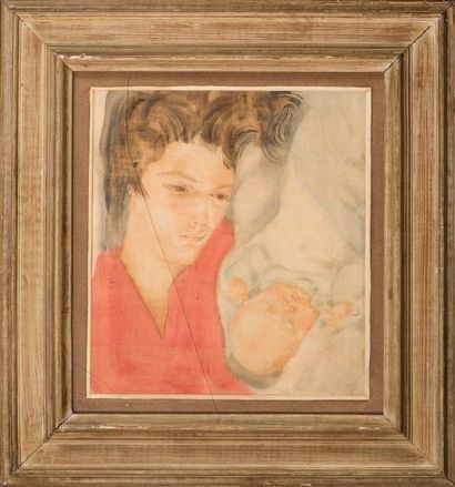 Alix AYMÉ (1894-1989) Femme et enfant Aquarelle sur soie, signée en bas à droite...
