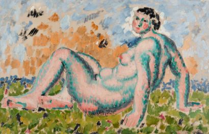 Marcel LENOIR (1872-193) Jeune femme brune allongée sur l'herbe Huile sur papier...