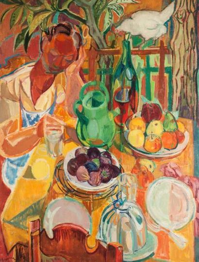 Jean Aujame (1905-1965) La table jaune au jardin Huile sur toile signée en bas à...