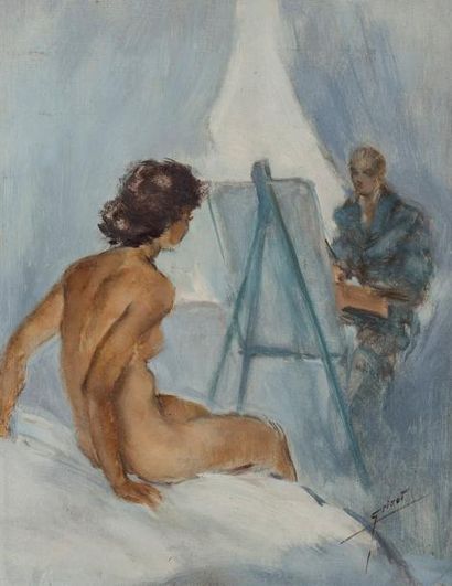 Pierre GRISOT (1911-1995) Le peintre et son modèle Huile sur panneau d'isorel signée...