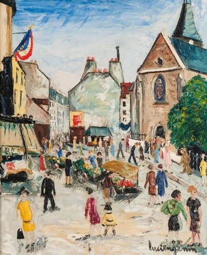 Lucien GENIN (1894-1953) Le marché à Montmartre Huile sur toile signée en bas à droite...