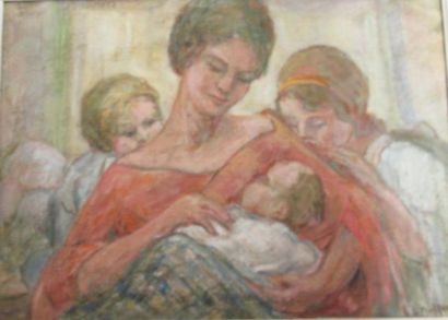 Lucienne de MEIFFREN (1895-1995) Portrait de famille Huile sur toile signée en bas...