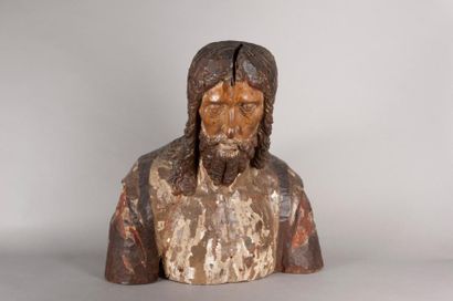 Buste de Christ en bois sculpté, traces de...