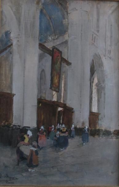 Henri STACQUET (1838-1906) Intérieur d'une église Huile sur toile signée en bas à...