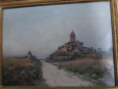 J. M. G. ANGLADE (XIXe siècle) Village au bord de mer Huile sur toile signée en bas...