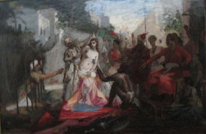 École FRANÇAISE de la fin du XIXe siècle Femme dénudée devant un chef de guerre Huile...