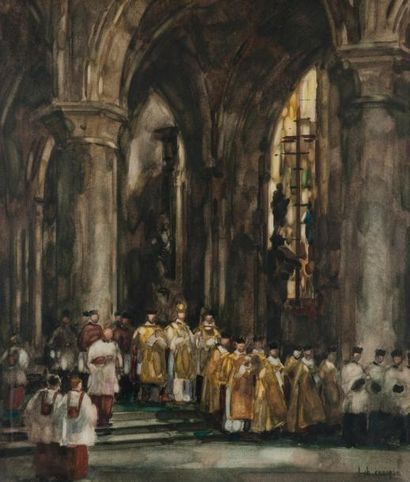 Louis-Charles CRESPIN (1892-1953) La procession, office pontical à Sainte-Gudule...