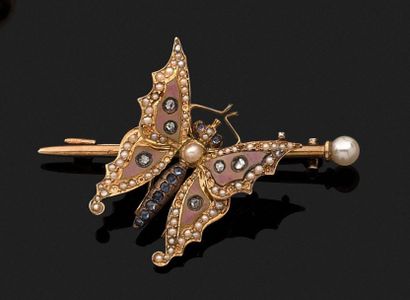 null Broche papillon en or jaune 18k (750 millièmes) sertie de demis perles, roses...