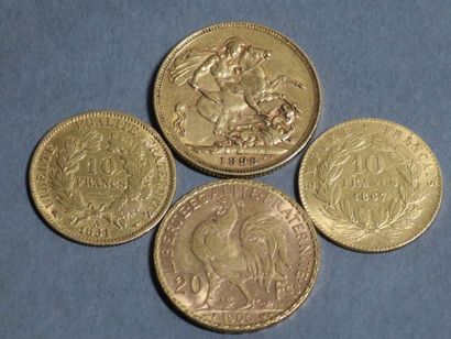 FRANCE et ANGLETERRE Quatre pièces d'or, 10 francs 1867, 10 francs 1851, 20 francs...