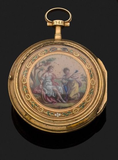 Antoine MELLY, horloger 
MONTRE DE GOUSSET en or jaune à double coque à décor émaillé...
