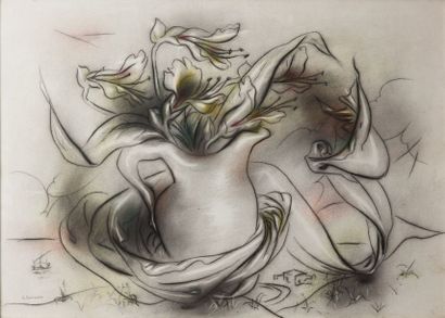 Georges GOUNARO (1889-1977) 
Nature morte aux fleurs et paysage
Pastel signé en bas...