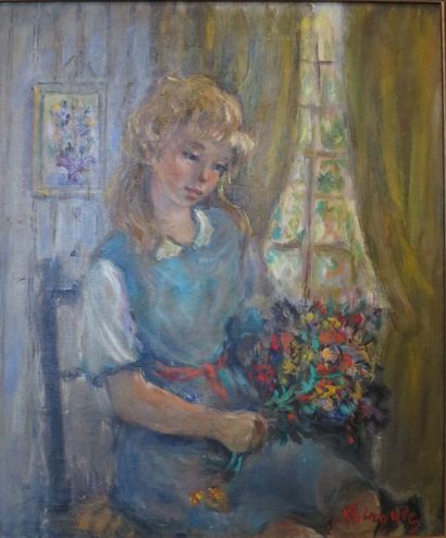 Katherine LIBROWICZ (1912-1991) 
Jeune femme aux fleurs
Huile sur toile signée en...