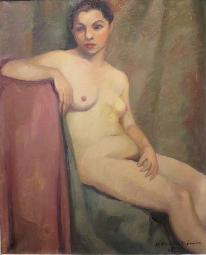 École FRANÇAISE du XXe siècle 
Femme nue assise
Huile sur toile portant une signature...