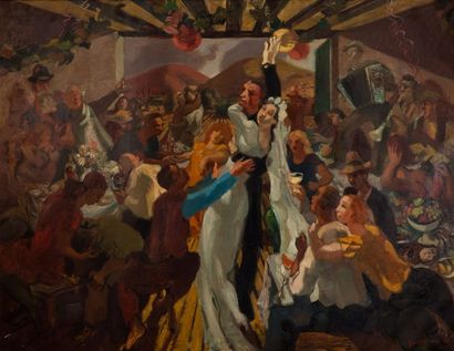 Jean Aujame (1905-1965) 
Les mariés ou le banquet
Huile sur toile signée et datée...