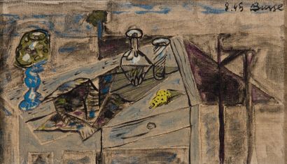 Jacques BUSSE (1922-2004) 
Nature morte au verre
Huile sur toile signée en bas à...