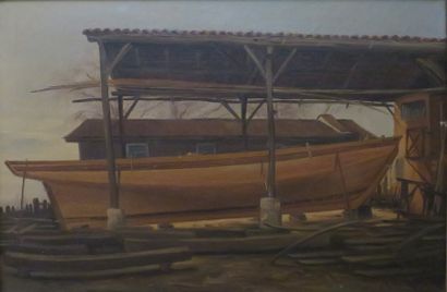 Jules CARON, XIXe siècle Chantier de construction du bateau «La Sibylle» à Bordeaux
Huile...