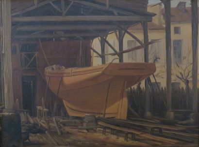 Jules CARON, XIXe siècle Chantier de construction du bateau «La Sibylle» à Bordeaux
Huile...