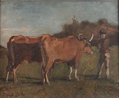 GUSTAVE HENRI COLIN (1828-1910) Vaches et jeune berger basque portant un béret
Huile...