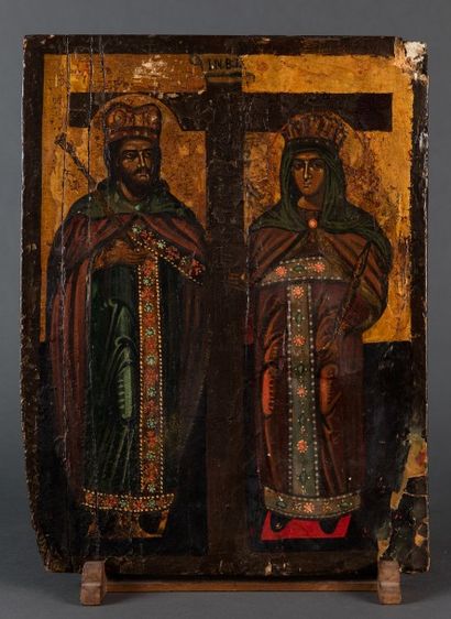 null ICÔNE Les saints Constantin et Hélène tenant la croix du Christ (Repeints et...
