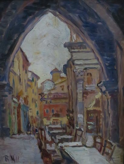 Robert VALLIN (XIXe-XXe siècle) Terrasse d'un café, Italie
Huile sur carton monogrammée...
