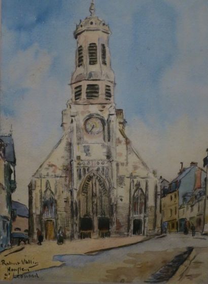 Robert VALLIN (XIXe-XXe siècle) Honfleur, église Saint-Léonard
Aquarelle signée en...