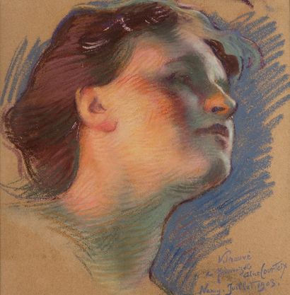 Victor PROUVE (1858-1943) Étude d'un visage
Pastel signé en bas à droite, dédicacé...