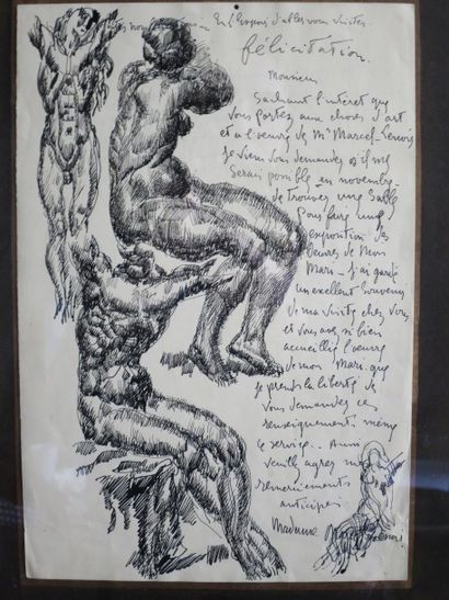 Marcel LENOIR (1872-1931) Étude de nus et lettre
Encre sur papier, lettre de Madame...