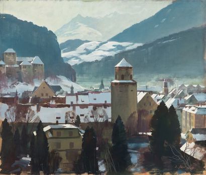 Eugen JUSSEL (1912-1997) Vue de Feldkirch, Autriche
Gouache sur papier signée en...