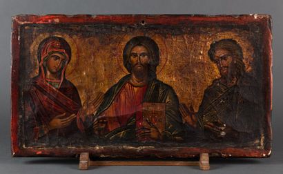 null ICÔNE Jésus, Marie et Joseph
Sur fond d'or (éclats, usures).
Grèce, XIXe siècle.
26.5...